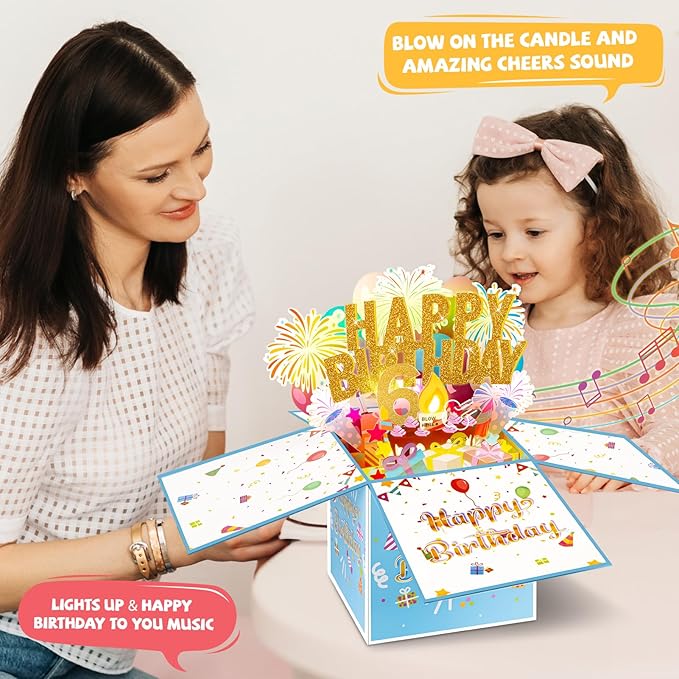 Tnvee 6TH Birthday Cards with Lights Music, 3D Pop Up Singing Happy Birthday Greeting Cards Gifts Ideal for 6 Year Old Kids Boy Girl