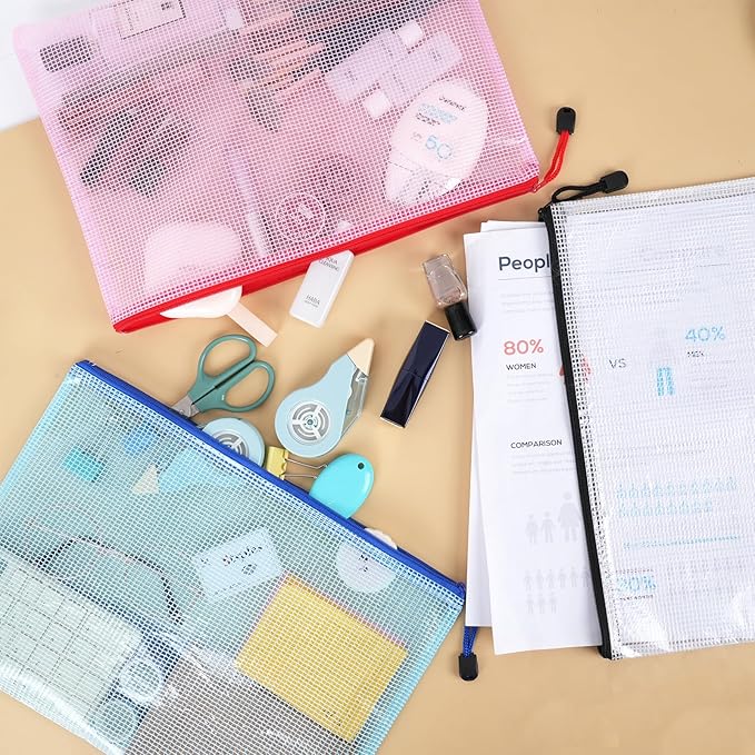 EOOUT 12pcs Mesh Zipper Pouch for Organizing, A4 Letter Size Zipper Storage Bags, Multicolor Plastic File Pouch Multipurpose for Classroom Organization Travel Storage Board Game Storage