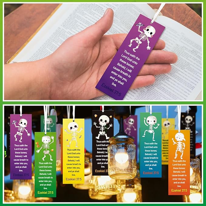 60 Pcs Halloween Skeleton Bookmark Ezekiel 37: 5 Ghost Christian Bookmarks God Wants to Give You Life VBS Exchange Gifts for Kids Adult Church School Classroom Prizes Party Favors