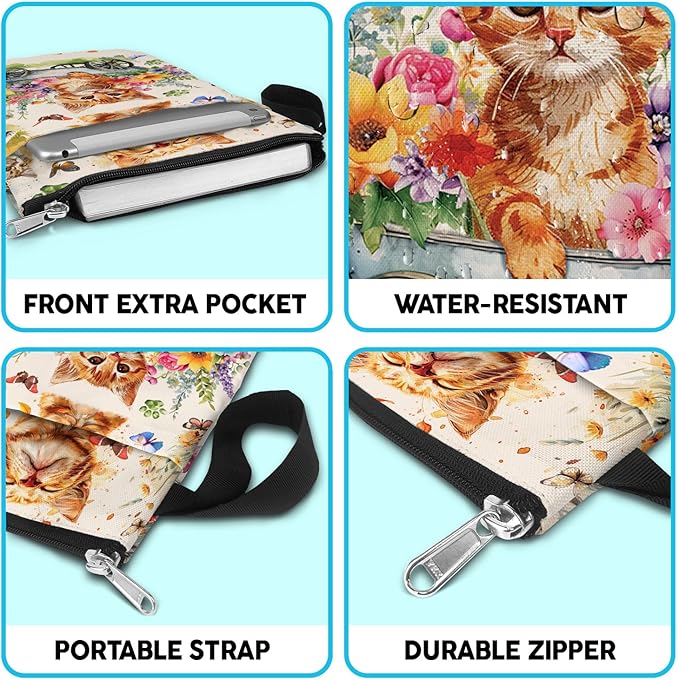 Book Sleeve Gift for Book Lovers. Cover With Zipper and Front Pocket. Washable Fabric 11 X 8.5 Inch Padded Bag. Cat Flower Garden.