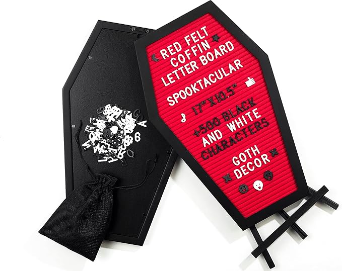 Coffin Letter Board Red With Spooky Emojis +500 Characters, and Wooden Stand - 17x10.5 Inches - Goth Valentines Gifts Horror Spooky Gothic Valentines Day Halloween Decor Decorations