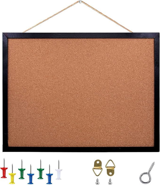 Black Cork Board Bulletin Board, 17.7"X 13.3" pin Boards for Walls, Oak Wood Finish Frame, Wall Mounted Cork Board for Office Home and School(Pins, Eye Bolts, gaskets, Screws)