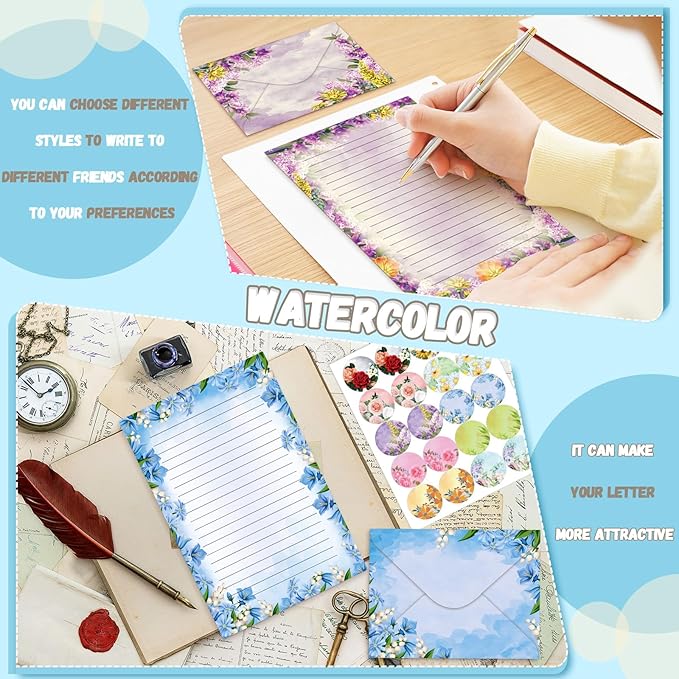 TaoBary 160 Packs Stationery Paper Set (50 Double Sided Stationery Writing Papers 50 Matching Envelopes) 60 Round Dot Sticker, 10 Design(Flower,8.5 x 11 Inch)