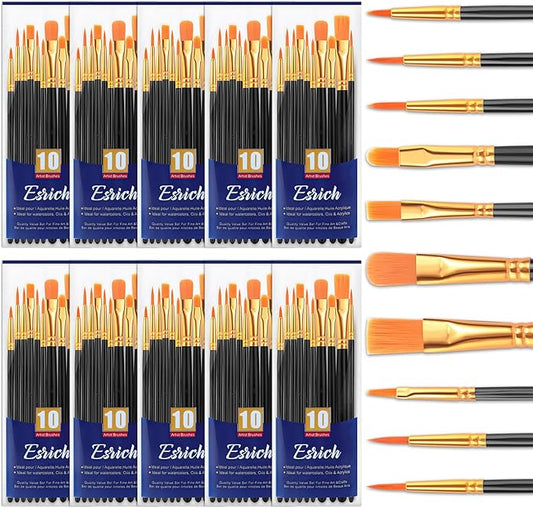 ESRICH Acrylic Paint Brushes Set, 10 Packs/ 100 Pcs Watercolor Brushes,Nylon Brush Head, for Oil Painting, Gouache, Face,Ceramics etc, Kid's and Adults Painting Arts and Crafts Paint Sets.