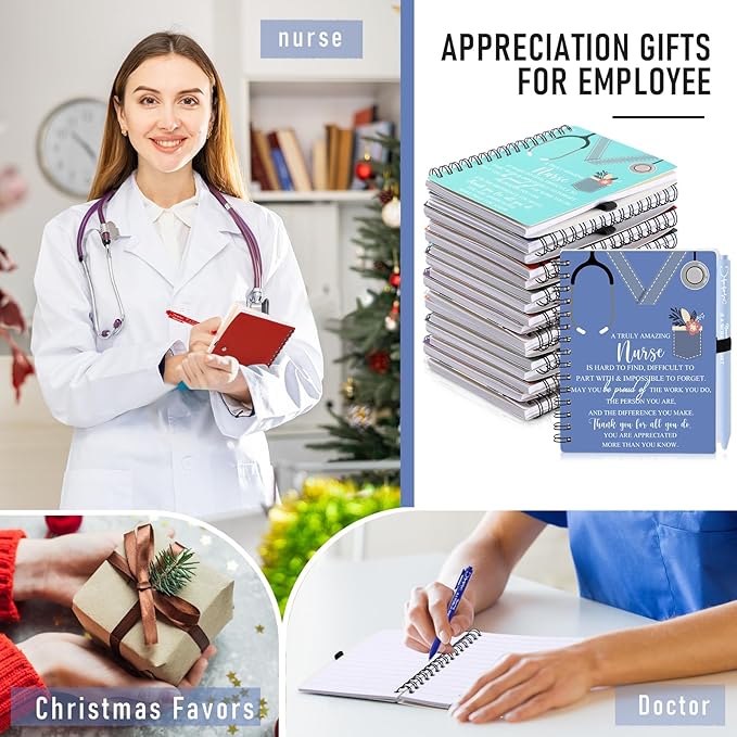Jetec 10 Sets 2025 Nurse Appreciation Gift Thank You Gifts for Medical Nursing Assistants Inspirational Spiral Notebook Journal with Sticky Note Notepad Ballpoint Pen Bulk for Nurse Coworker Doctor