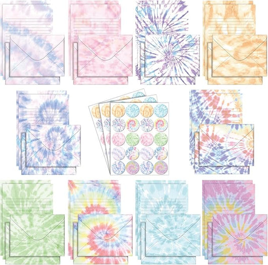 TaoBary 160 Packs Stationery Paper Set (50 Double Sided Stationery Writing Papers 50 Matching Envelopes) 60 Round Dot Sticker, 10 Design(Tie Dye,5.5 x 8.25 Inch)
