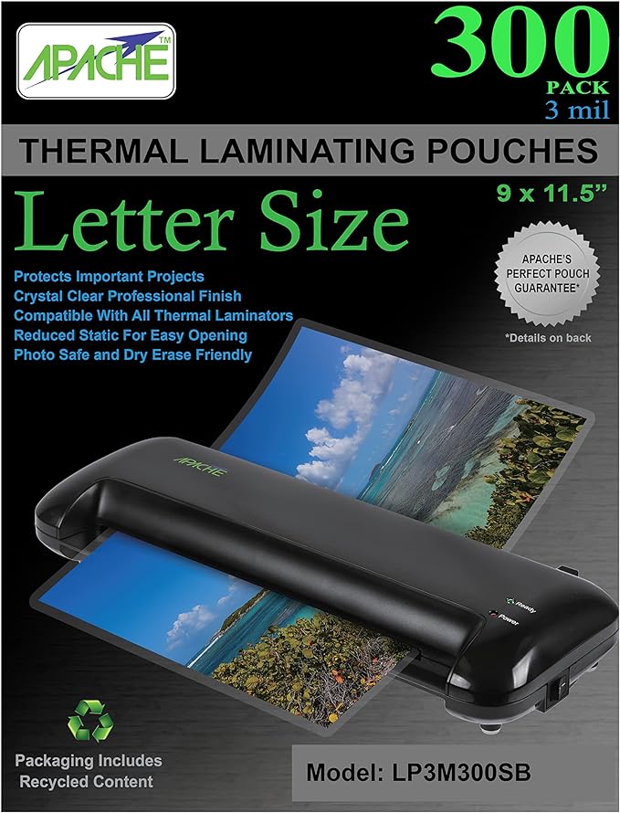Apache Laminating Pouches 3 mil, for 8.5 x 11 inch Letter Size Paper 9 x 11.5 inch Sheets, 300 Pack