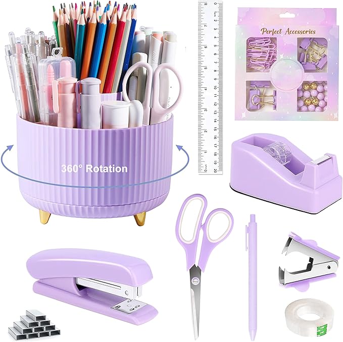 Purple Desk Accessories, Purple Office Supplies 360°Pen Holder Desk Organizers And Accessories with Tape Dispenser, Stapler, Staple Remover, 1000 Staples, Tape, Clips Set, Ruler, Scissor, Pen