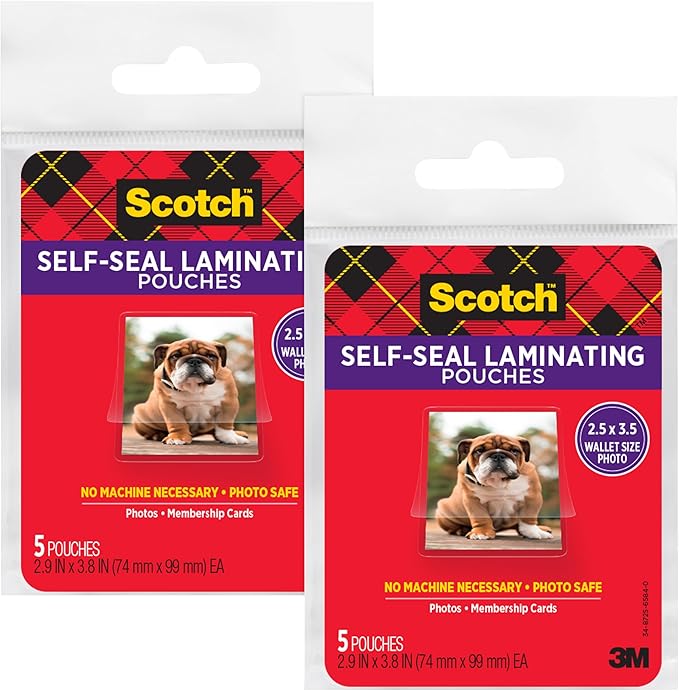 Scotch Self-Sealing Laminating Pouches, Wallet Photo Size, Glossy Finish, 2 1/2 in. x 3 1/2 in., 5 Pouches (Pack of 2)