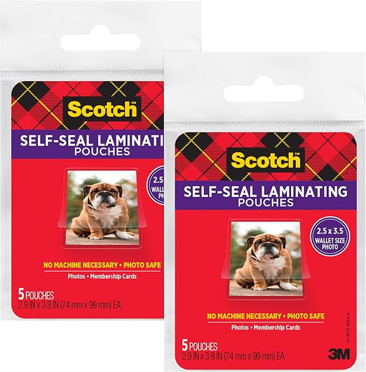 Scotch Self-Sealing Laminating Pouches, Wallet Photo Size, Glossy Finish, 2 1/2 in. x 3 1/2 in., 5 Pouches (Pack of 2)
