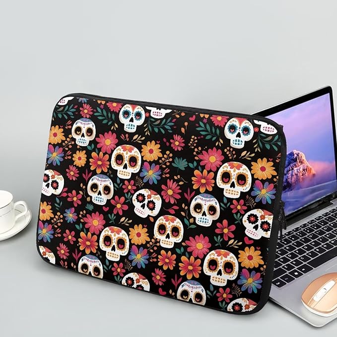 Skull Printed Computer Carrying Cover with Floral Print Laptop Case Bag Easy to Carry Computer Bag, 10 Inch Lightweight Laptop Briefcase Messenger Bag for Women