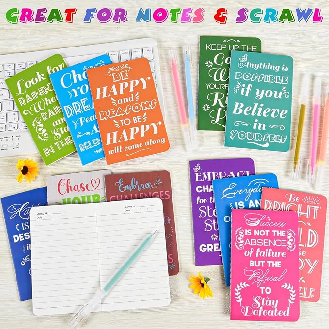 48 Pcs Mini Inspirational Notebooks Bulk with 48 Pcs Colorful Pens, Small Pocket Journal Notepads Set, Motivational Bulk Gifts for Women Men Teacher Student Kids, Fun School Office Supplies,3.5"x5.5"