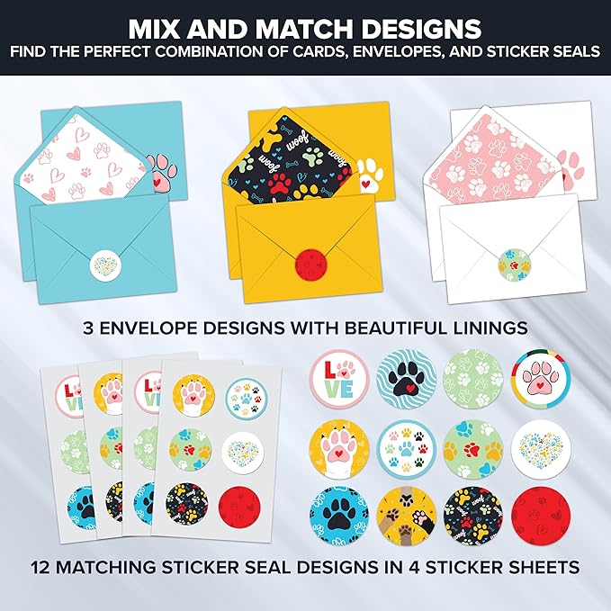 Decorably 24 Pack 4x6in Blank Dog Cards with Envelopes and Stickers, 12 Adorable Designs Dog Note Cards with Envelopes, Blank Inside - Kid's Party, Birthday