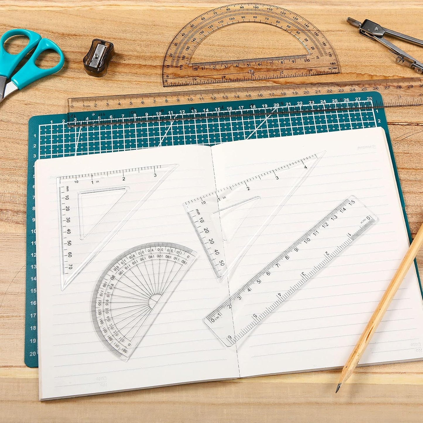 Tenare 1 Set Plastic Clear Math Set Includes Protractor Triangle Rulers 12 Inch 6 Inch Straight Geometry Math Transparent Ruler Measuring Tool for School Office Home Supplies(Clear)