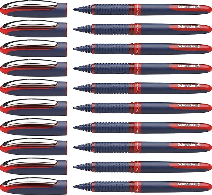 Schneider One Business Rollerball Pen, 0.6 mm Ultra-Smooth Tip, Blue Barrel, Red Ink, Box of 10 Pens (183002)