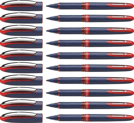 Schneider One Business Rollerball Pen, 0.6 mm Ultra-Smooth Tip, Blue Barrel, Red Ink, Box of 10 Pens (183002)