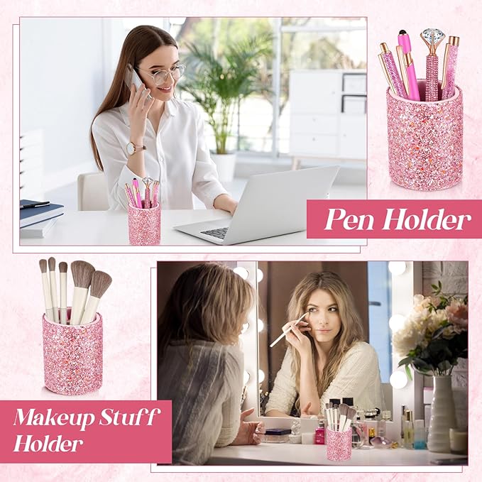 Sabary 8 Pcs Ballpoint Pens with Pen Holder for Desk Glitter Crystal Diamond Fancy Pencil Holder Bling Desk Organizer Cute Stationery Supplies for Women Girls Wedding Office School Gifts(Shiny Pink)