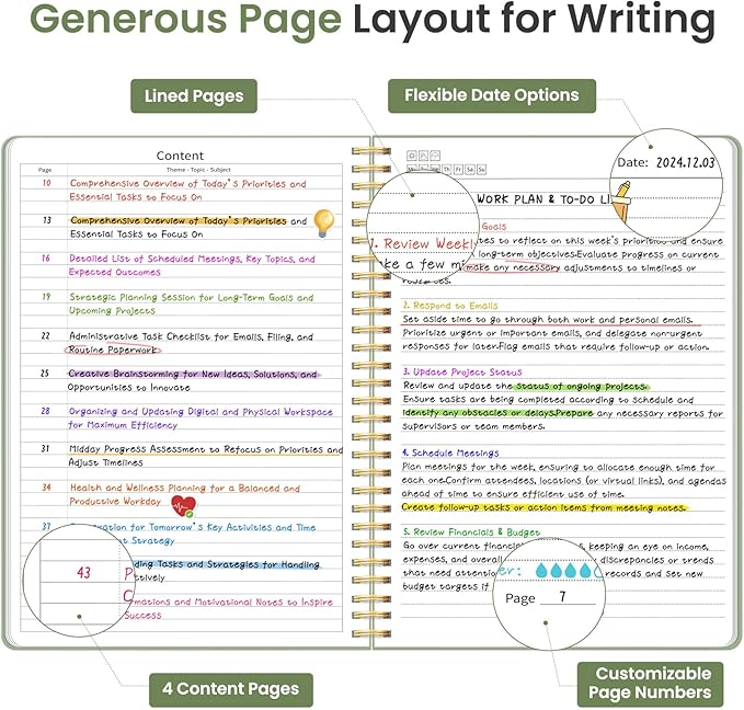 Taja Spiral Lined Notebook, 8.5"x11" Notebooks for Work, Large A4 Journal for Women & Men, College Ruled Journaling Notebook for Writing, Plastic Cover Spiral Journal, Green
