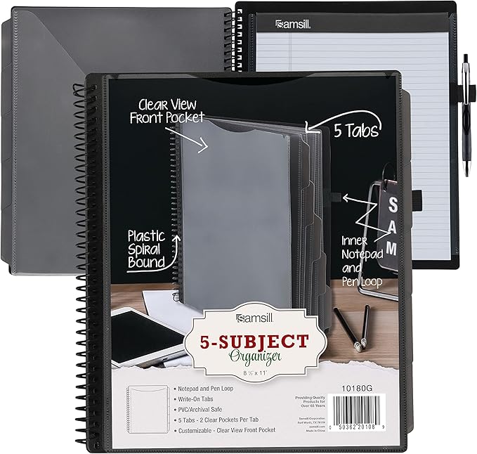 Samsill 10 Pocket Poly Organizer with 5 Dividers, File Folders Letter Size, Refillable Notepad, Customizable Front Cover, Erasable Write-On Tabs, Pen Loop, Plastic Folders with Pockets, Gray