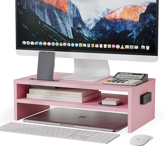 BONTEC Monitor Stand Riser, 2 Tiers Wood Monitor Riser Stand with Storage Organizer, Desktop Ergonomic Monitor Stand Riser with Cellphone Holder and Cable Management, 16.7 Inch Shelf, Pink