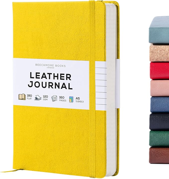 BEECHMORE BOOKS Lined Journal Notebook, 5.8 x 8.3 inch, A5 160 Lined Pages, Hardcover Leather Journals for Women, Men, Writing and Notebooks for Work - 120 GSM Thick Paper, Gifts Box Included