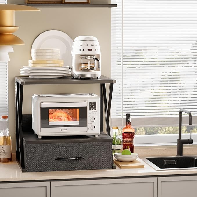 aboxoo Printer Stand for Desk with Storage Drawer, 2 Tier Desktop Or Under Desk Shelf, Multi-Purpose Desk Organizer for Home Office, fit Fax Machine/3D Printer/Scanner, Black