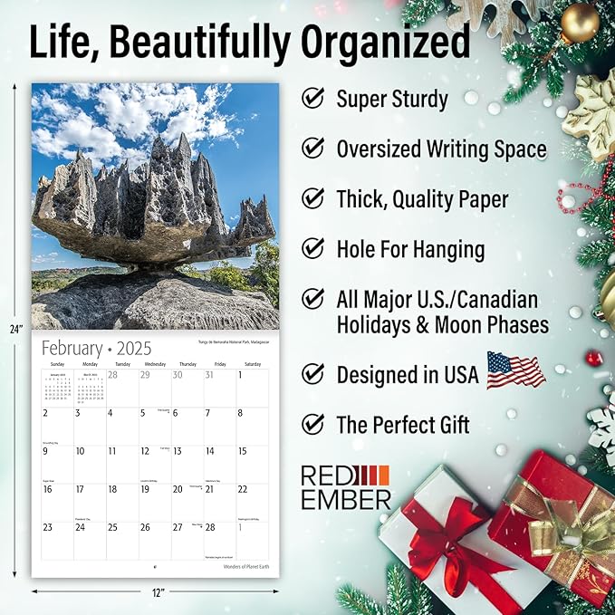 RED EMBER Wonders of Planet Earth 2025 Wall Calendar 12 Month | 12" x 24" Open | Thick & Sturdy Paper | Giftable | Calendar 2025