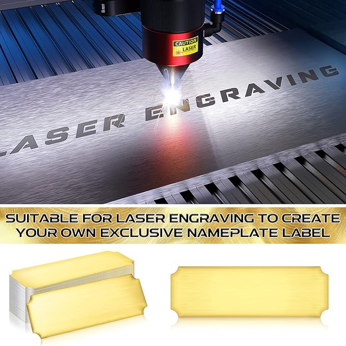 Therwen 30 Pcs Name Plates Laser Engraved Brushed Stainless Steel Plate Personalized Plaque Blank Custom Name Tag Frame Label with Adhesive Backing(Gold Notched Corner,1''x 3'')
