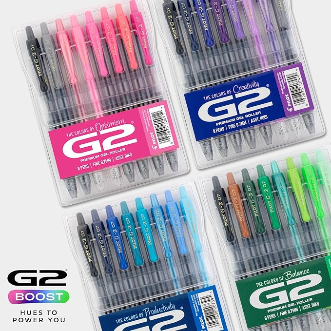 PILOT, G2 Premium Gel Roller Pens, G2 Boost Purples Pack, The Colors of Creativity, 8 Pack Pouch, Fine Point 0.7 mm, Assorted