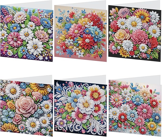 6 pcs Diamond Art Painting Greeting Card Kits - Beautiful Floral Design with Fine Glitter, 5D DIY Creative Special Shaped Diamonds Greeting Cards for Birthday Holiday Congratulations Crafts Gifts