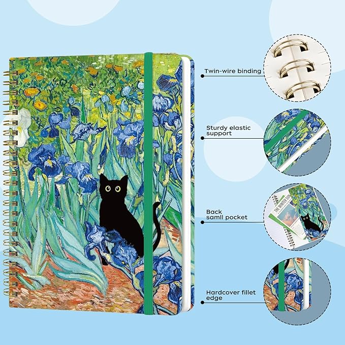 Yoiilifee Spiral Notebook - A5 Spiral Notebooks, 8.3'' × 5.8'', 160 Pages, Aesthetic Journaling Notebooks for Women, College Lined Notebook with Elastic Closure, Back Pocket, for School Office, CatB