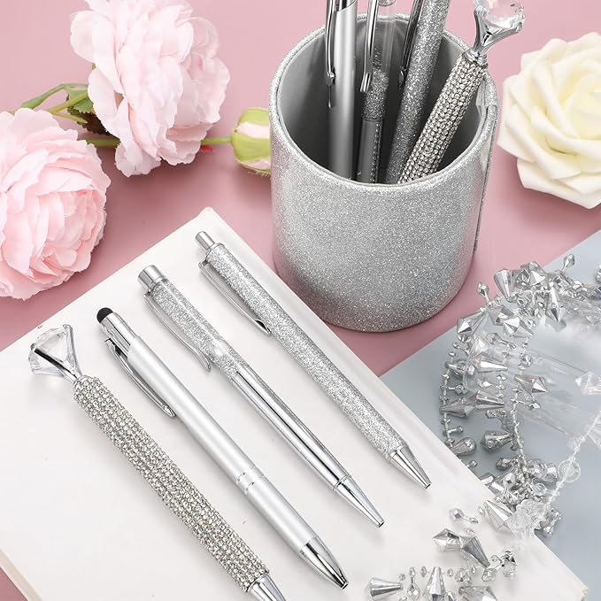 Sabary 8 Pcs Ballpoint Pens with Pen Holder for Desk Metal Crystal Diamond Pen Glitter Pencil Holder Fancy Pens Black Ink Bling Desk Organizer for Women Girls Office School Wedding Gifts (Silver)