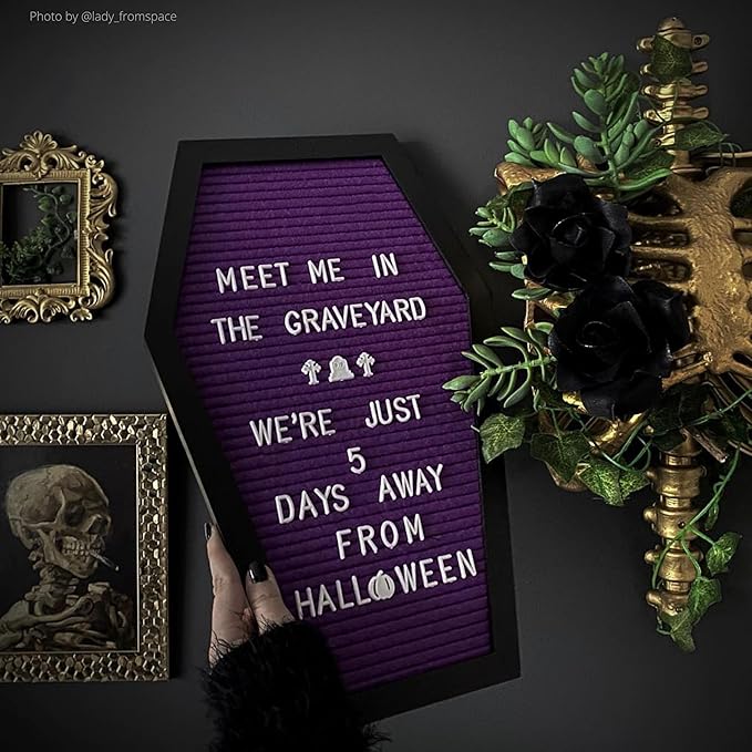 Coffin Letter Board Purple With Spooky Emojis +500 Characters, and Wooden Stand - 17x10.5 Inches - Gothic Halloween Decor Spooky Gifts Decorations