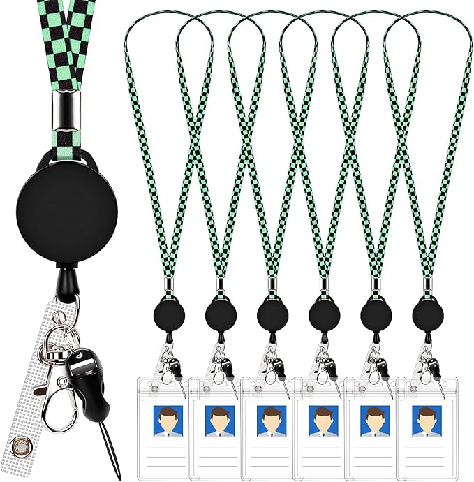 6 Pack Retractable Badge Lanyards and ID Badge Holder, Strap Lanyard with Swivel Metal Clasp for Badge Holders, Keychains, Offices, Staff, Students, Employees, Black Green Chequer