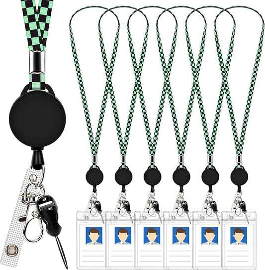 6 Pack Retractable Badge Lanyards and ID Badge Holder, Strap Lanyard with Swivel Metal Clasp for Badge Holders, Keychains, Offices, Staff, Students, Employees, Black Green Chequer