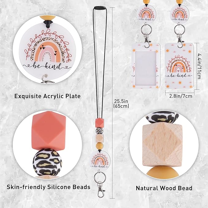 Teacher Lanyard with ID Holder, Boho Rainbow Sun Print Be Kind Cute Badge Holder with Beaded Adjustable Lanyard, Gifts for Teachers Students