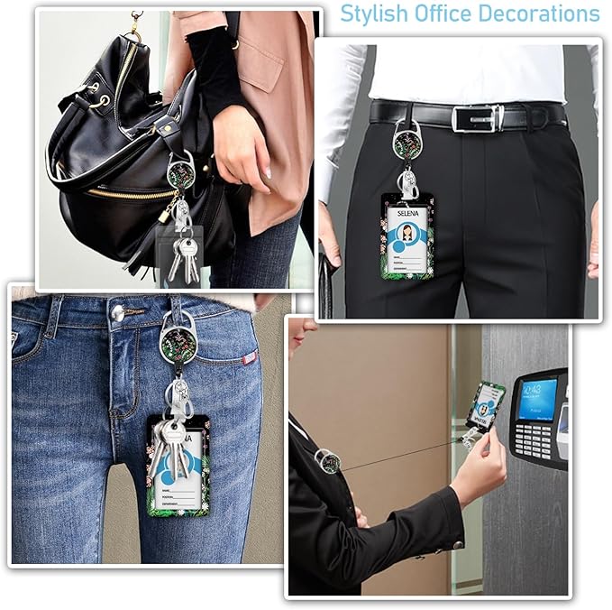 ID Badge Holder with Breakaway Lanyards, Flowers Floral Badge Holder with Lanyard, Retractable Reel Keychain Name Tag Lanyard Vertical ID Card Protector for Women Teacher Nurses Doctor Student