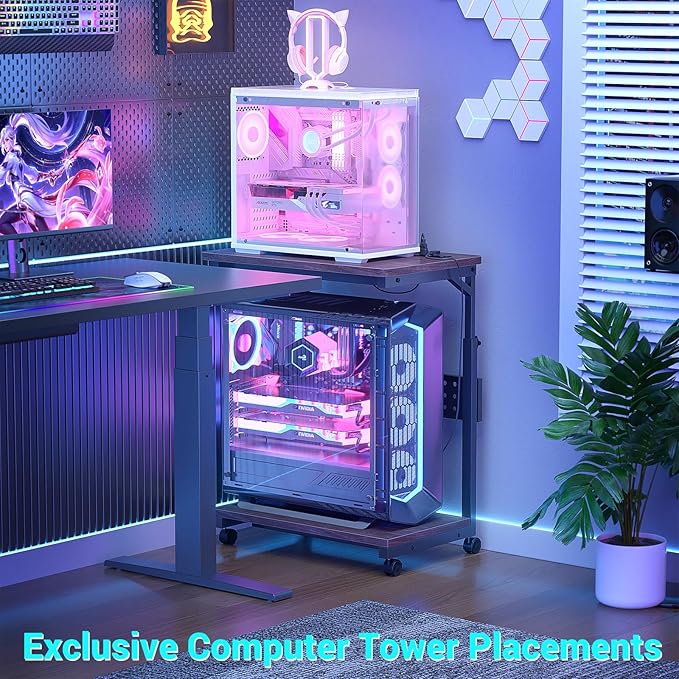 Computer Tower Stand with Power Strips, Height Adjustable PC Tower Stand/Cart with Wheels, Mobile Rolling CPU Holder, Computer Cart Side Stand for Computer Desk, 24", Black Walnut