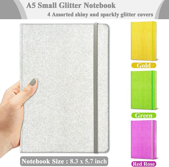 Silver Glitter Notebook, 8.3x5.7” 160 Lined Pages Glitter Never Peel Off Sparkle Journal for Girls College Ruled A5 Hardcover Notebooks for Teens Women Writing Note Taking Office Work School Gifts