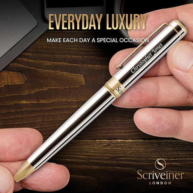 Scriveiner Personalized Silver Chrome Ballpoint Pen - Stunning Luxury Pen, 24K Gold Finish, Schmidt Ink Refill, Best Engraved Ball Point Gift Set for Men & Women, Custom Name Engraving