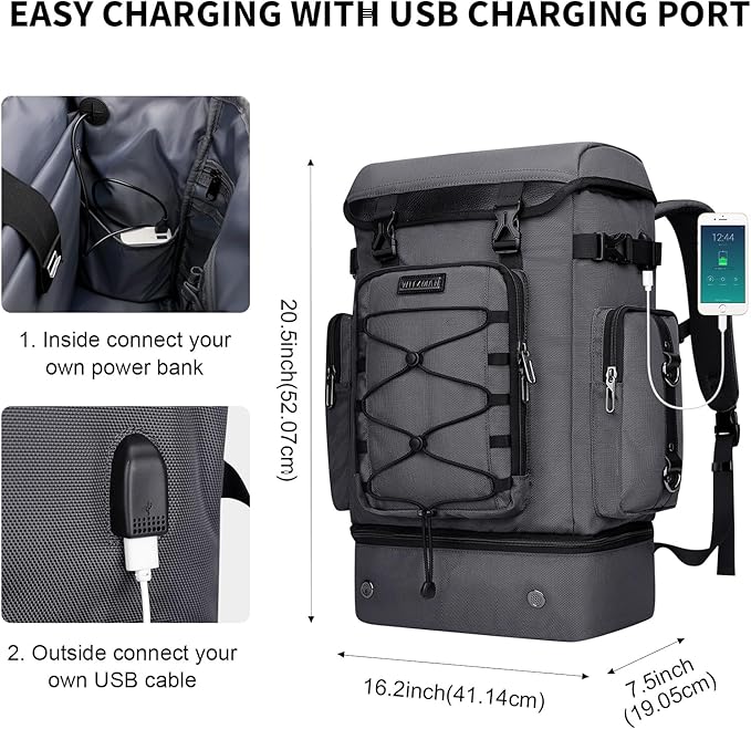 WITZMAN Travel Backpack for Men Women Carry on Bags for Airline Approved Convertible Duffle Luggage Backpack Shoe Compartment（B691 Silvery Grey）