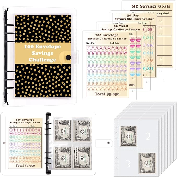 HAUTOCO 100 Envelopes Money Saving Challenge A5 Binder, Savings Challenges Book to Save $5,050, $500, $10,000, Budget Binder with Cash Envelopes, PVC Money Saving Binder with Challenge Trackers, Black