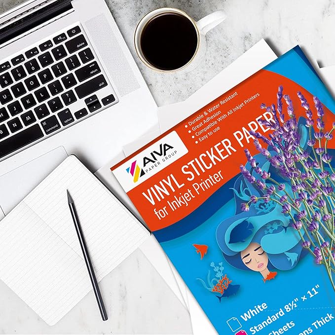 Printable Vinyl Sticker Paper - Waterproof Decal Paper for Inkjet Printer - 30 Self-Adhesive Sheets - Glossy White - Standard Letter Size 8.5"x11"