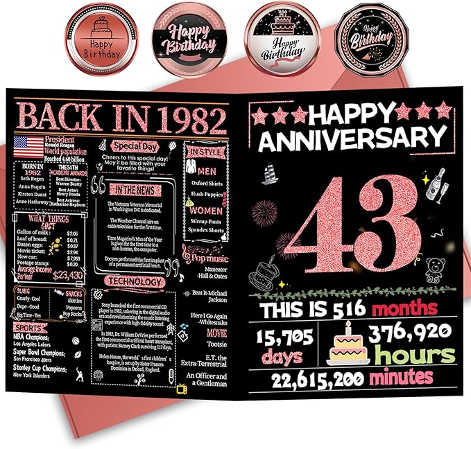 Joycard 43rd Anniversary Card for Women, Wedding Card for Wife, Sweet Marriage Decorations Gifts for Couple, Perfect for Her on Anniversary Day, Back in 1982