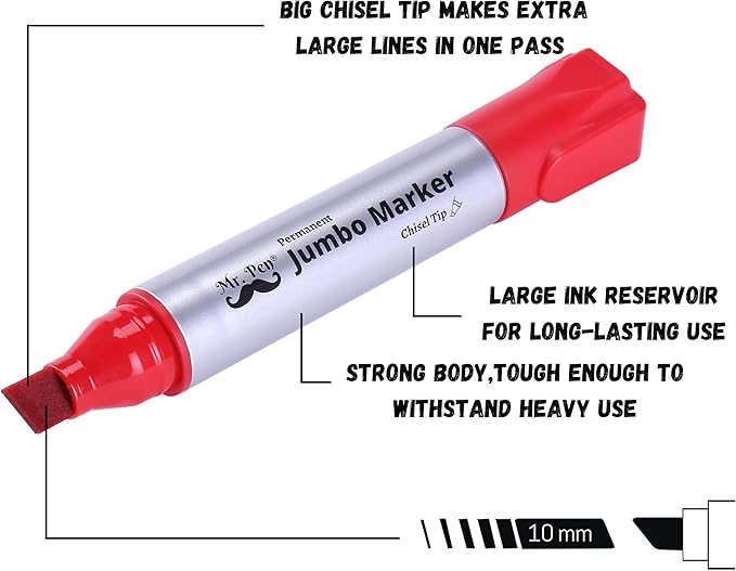 Mr. Pen- Jumbo Permanent Markers, 4 Pack, Assorted Color, Chisel Tip, Large, King, Color Permanent Markers Set, Huge Poster Markers