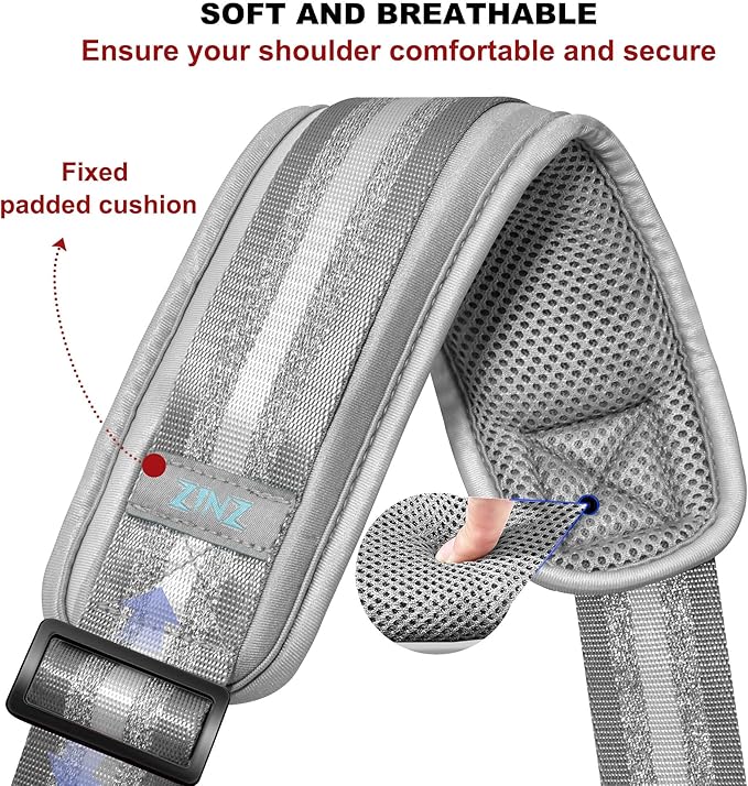 ZINZ 75" Shoulder Strap with Fixed Pad and Dual Balanced Buckles，Gray Silver Jacquard