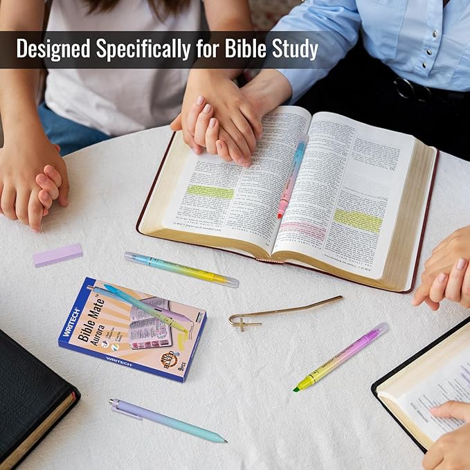 WRITECH Bible Mate Journaling Set: No Bleed Aesthetic Highlighters & 1.0 mm Black Ballpoint Pens, Bible Safe Dual Tip Highlighters, Pastel Colors, Fast-drying Ink, Bible Journaling Kit, 9ct