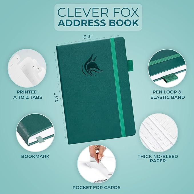 Clever Fox Address Book with alphabetic tabs - PU Leather Telephone and Address Book for Keeping Contacts Safe, Contact Organizer Journal, Medium Size (5.3″ x 7.7″) Hardcover, Dark Teal