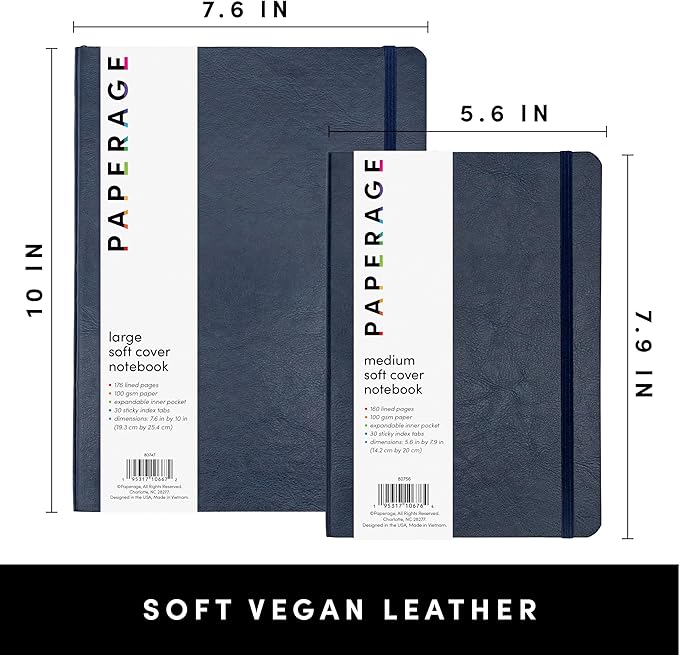PAPERAGE Softcover Lined Journal Notebook (Navy), 160 Pages, Medium College Ruled Notebook, 5.6 inches x 7.9 inches - 100 GSM Thick Premium Paper, Soft Vegan Leather Journal for Home, Work & School