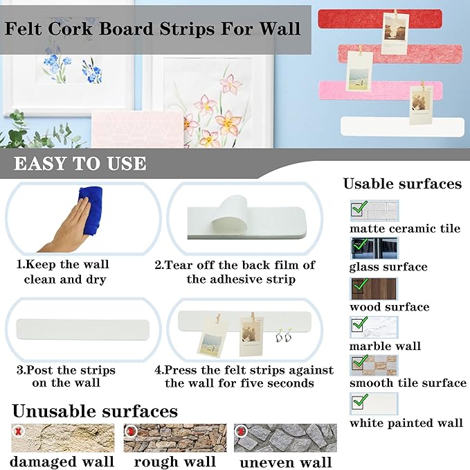 Red & White Bulletin Board Strips, 8Pcs Felt Pin Board Bar Strips with 50 Pushpins, Self-Adhesive Felt Cork Board Strips for Wall to Display Your Notes, Photos, Schedules, Announcements